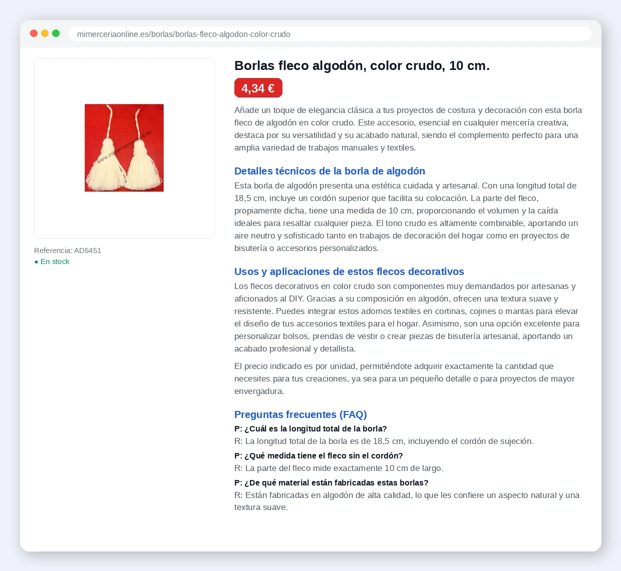 Ficha de producto de Mi Mercería Online optimizada con IA: descripción, detalles técnicos, usos y FAQ generados automáticamente