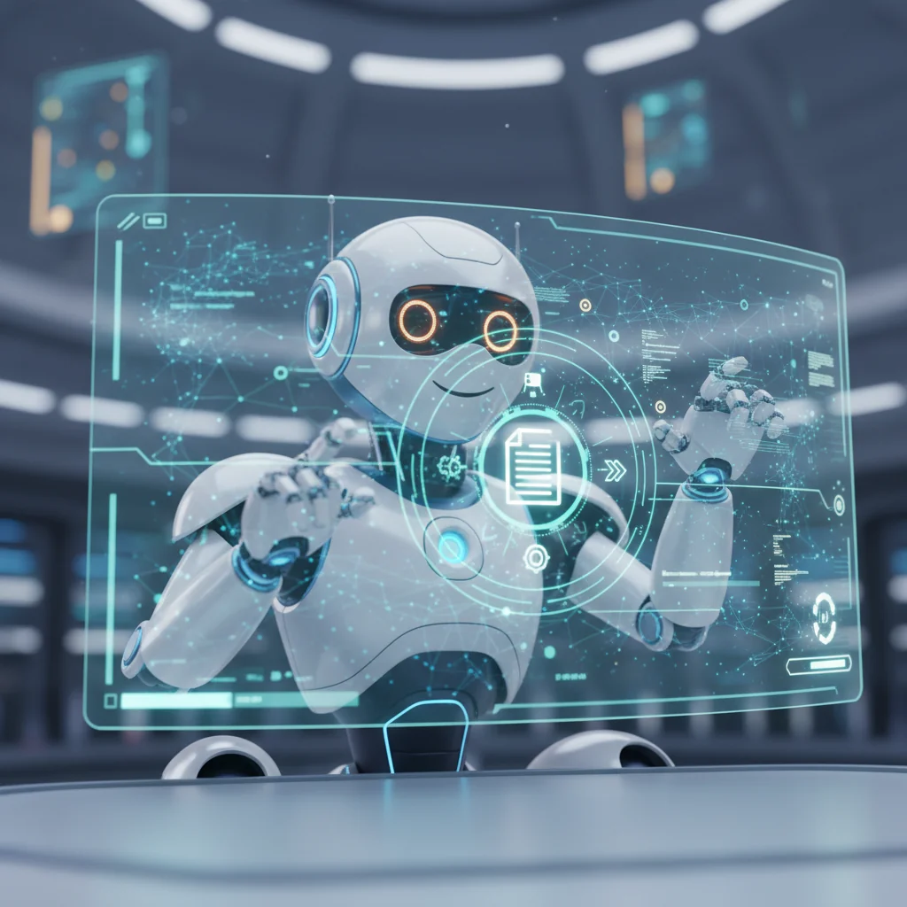 Robot optimizando una página web con IA para SEO.
