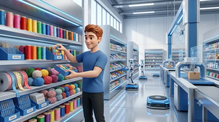 Agente de IA optimizando fichas de producto de mercería en un almacén de ecommerce moderno